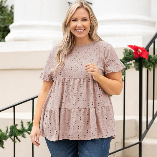 Plus Size Women Casual Solid Color Short-Sleeved T-Shirt Blouse