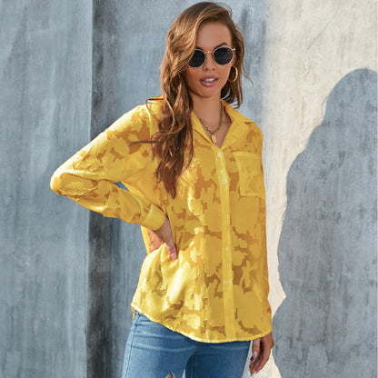 Women Fashion Casual Chiffon Loose Floral Printed Lapel Long-Sleeve Blouse