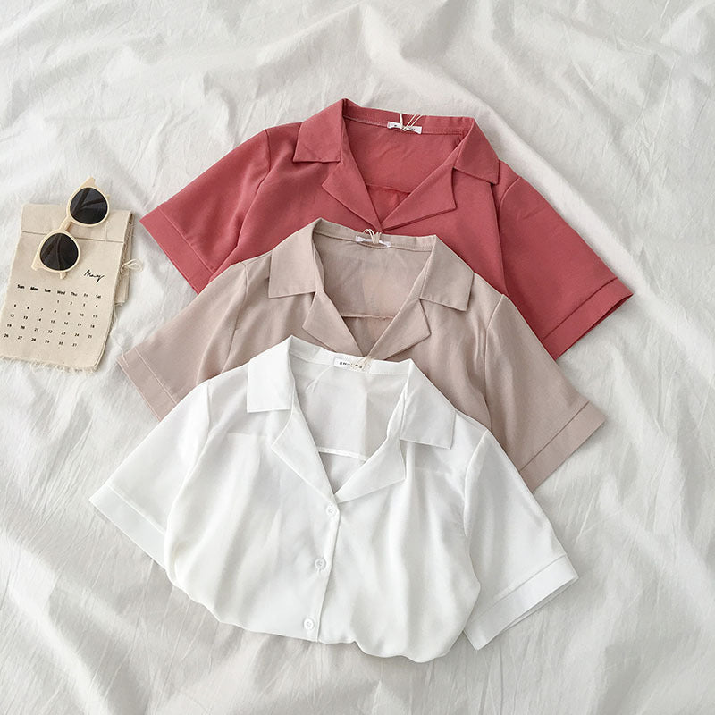 Casual Basic Summer Women Solid Color Lapel Short-Sleeved Shirt Blouse