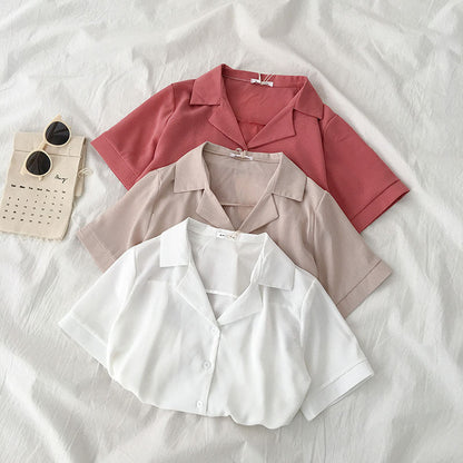 Casual Basic Summer Women Solid Color Lapel Short-Sleeved Shirt Blouse