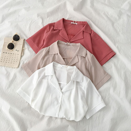 Casual Basic Summer Women Solid Color Lapel Short-Sleeved Shirt Blouse