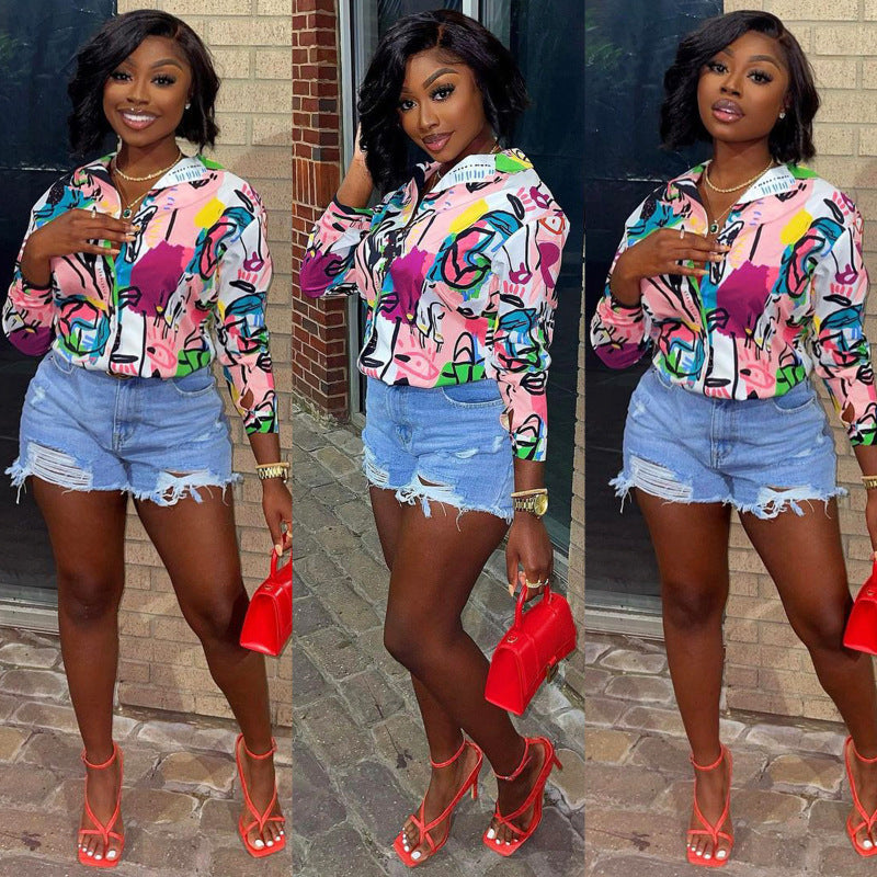 Women Casual Fashion Graffiti Print Long Sleeves Lapel Blouse