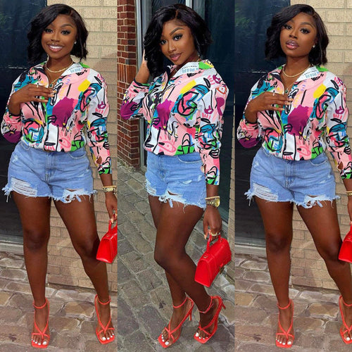 Women Casual Fashion Graffiti Print Long Sleeves Lapel Blouse