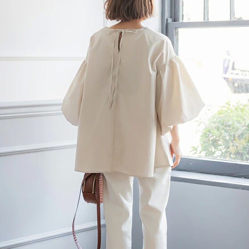 Women Casual Loose Puff Sleeve Round Neck Solid Color Office Chic Blouse