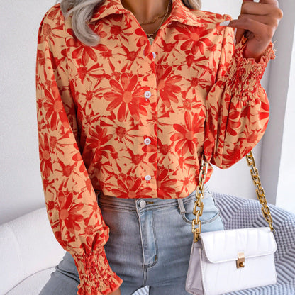 Women Fashion Casual Color Block Floral Print Lapel Blouse