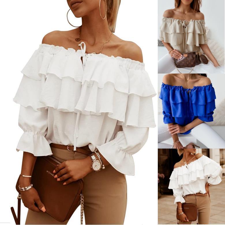 Women Elegant Solid Color Chiffon Off-the-shoulder Ruffled Casual Loose Blouse