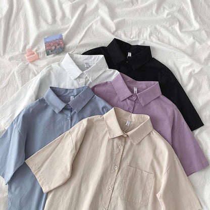 Casual Women Spring Summer Loose Fashion Short-Sleeve Solid Color Lapel Shirt Blouse