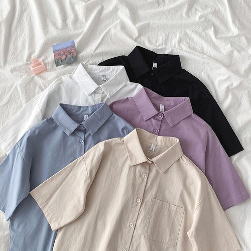 Casual Women Spring Summer Loose Fashion Short-Sleeve Solid Color Lapel Shirt Blouse