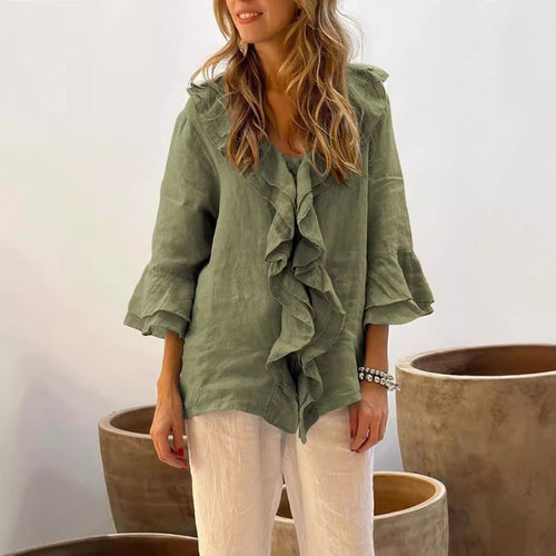 Women Fashion Casual Solid Color V-Neck Ruffled Long Sleeve Loose Blouse