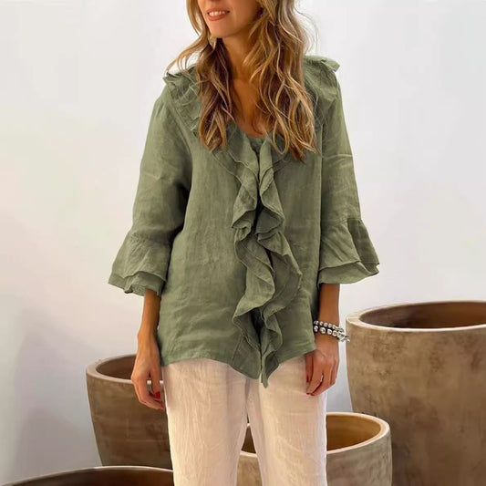 Women Fashion Casual Solid Color V-Neck Ruffled Long Sleeve Loose Blouse