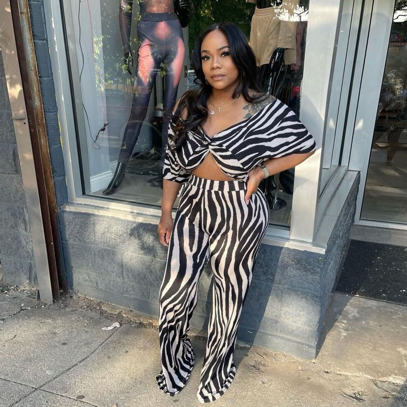 Women Casual Elegant Office Chic Zebra Short Sleeve Crop Blouse And Wide Leg Pants