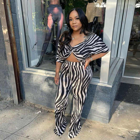 Women Casual Elegant Office Chic Zebra Short Sleeve Crop Blouse And Wide Leg Pants