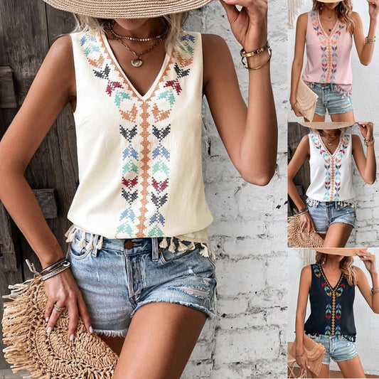 Bohemian Women Casual V-Neck Embroidered Patchwork Tassel Sleeveless Blouses