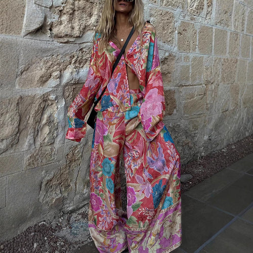 Women Casual Vacation Floral Printed Lapel Long Sleeve Blouse Loose Pants Two-Piece Set