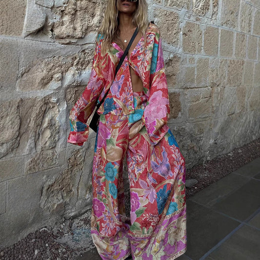 Women Casual Vacation Floral Printed Lapel Long Sleeve Blouse Loose Pants Two-Piece Set