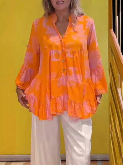 Summer Women Casual Irregular Printed Long-Sleeved Ruffled Blouse