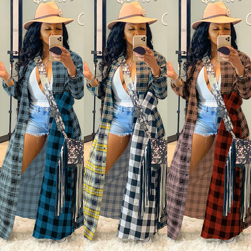 Women Fashion Casual Multicolor Plaid Patchwork Long Blouse Shacket Over Coat