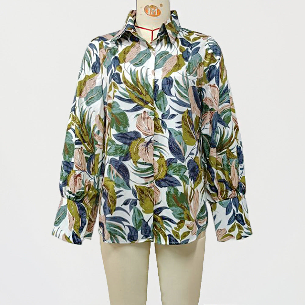 Women Fashion Casual Plant Printed Lapel Lantern Sleeve Blouse