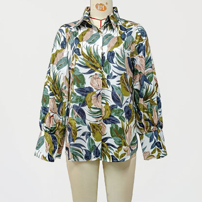 Women Fashion Casual Plant Printed Lapel Lantern Sleeve Blouse