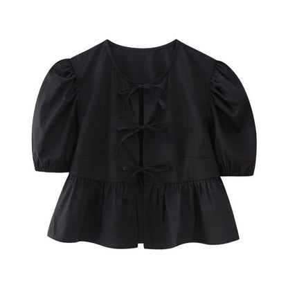 Women Sweet Casual Puff Sleeve Bow Knot Ruffled Stripe Leopard Blouse