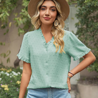 Womensummer Casual V Neck Floral Chiffon Short Sleeve Solid Color Blouse