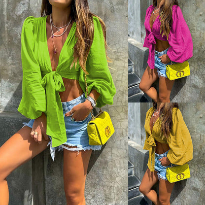 Fashion Women Casual Vacation Solid Color Long Sleeve Knotted Blouse