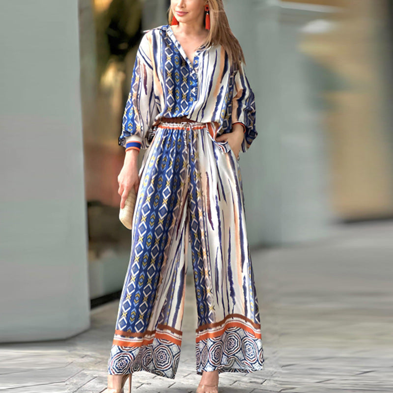 Women Office Casual Grapgic Print Lapel Long Sleeve Shirt Blouse Straight Trousers Set