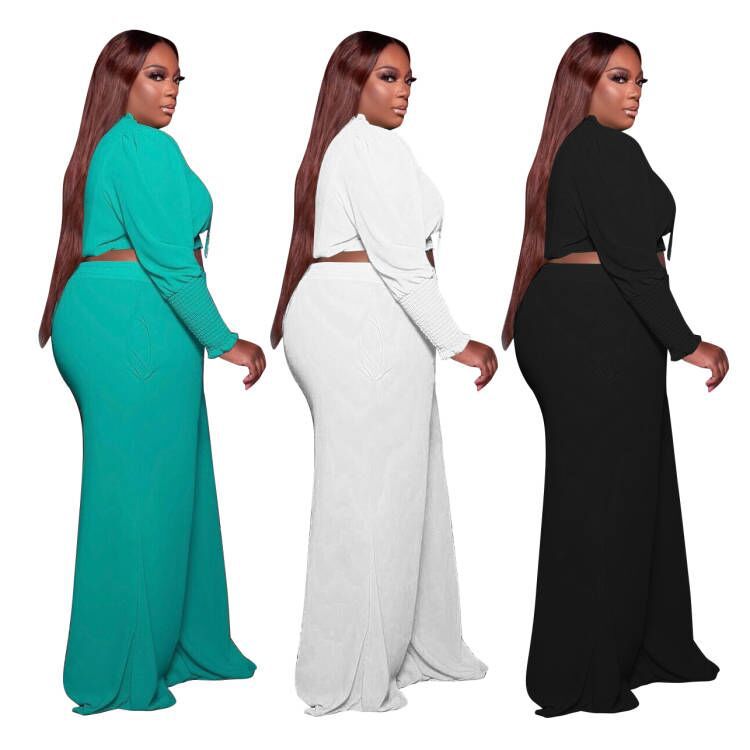 Women Plus Size Casual Solid Color Long Sleeve Crop Blouse Wide Leg Pants Two-Piece Set