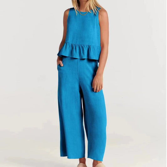 Summer Sleeveless Ruffled Blouse Wide Leg Pants Casual Women Set