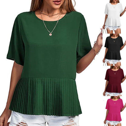 Women Casual Round Neck Short Sleeve Pleated Hemline Solid Blouse