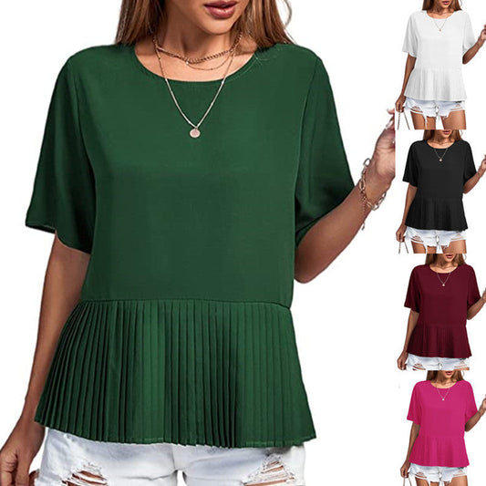 Women Casual Round Neck Short Sleeve Pleated Hemline Solid Blouse