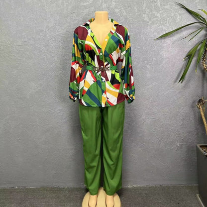 Women Fashion Casual Printed Long-Sleeved Lapel Blouse Belt Loose Pants Two-Piece Set