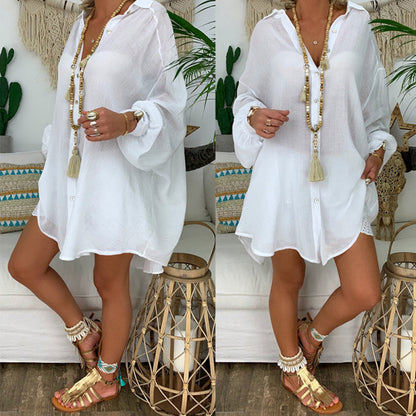 Women Plus Size Casual Basic Solid Color Long Sleeves Beach Style Blouse
