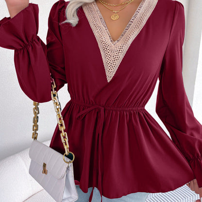 Women Fashion Casual Office V-Neck Lace-Up Defined Waist Ruffled Chiffon Blouse