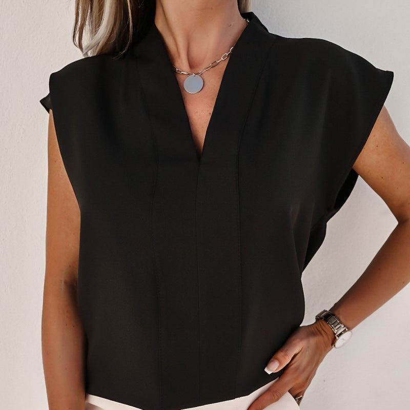 Casual Solid Color V-Neck Cap-Sleeved Women Solid Color Blouse
