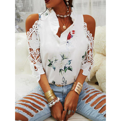 Summer Women Casual Floral Print Cool-Shoulder Lace Patchwork Long-Sleeved Blouse
