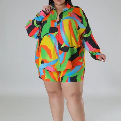 Women Casual Plus Size Fashion Printed Lace-Up Blouse And Shorts Two-Piece Set