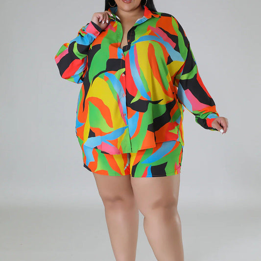 Women Casual Plus Size Fashion Printed Lace-Up Blouse And Shorts Two-Piece Set