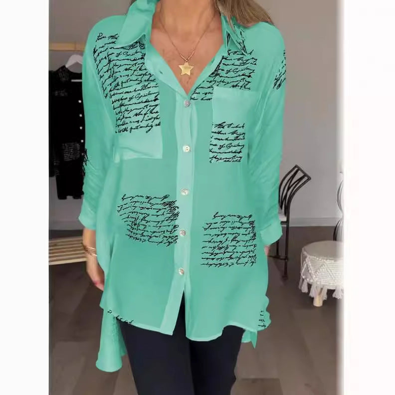 Women Fashion Casual Letter Printed Lapel Long-Sleeve Blouse