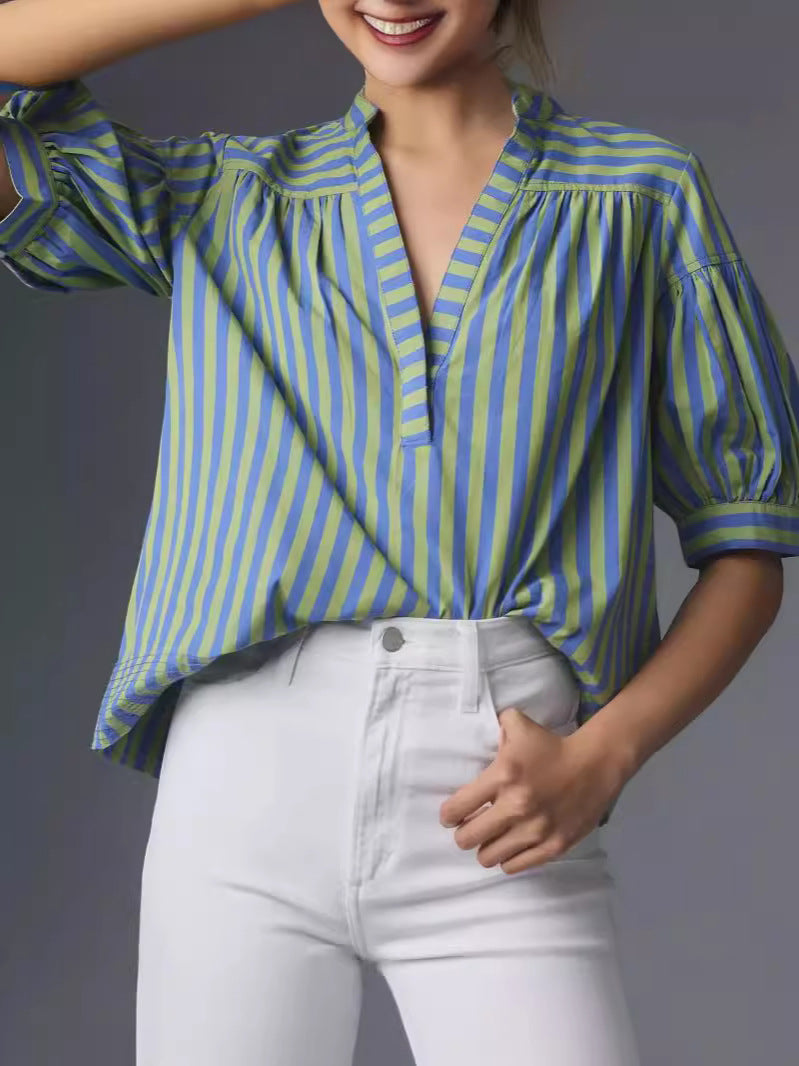 Women Fashion Casual Stripe Stitching V-Neck Long-Sleeve Blouse
