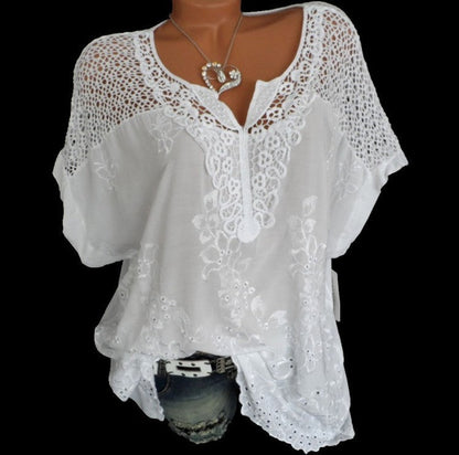 Plus Size Women Casual Loose Short-Sleeved Lace Solid Color Hollow Out Blouse