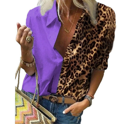 Women Casual Office Long Sleeve Shirt Leopard Print Contrast Loose Chiffon Blouse