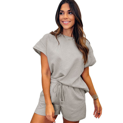 Women Fashion Casual Solid Color Plaid Short Sleeve Blouse And Shorts Set