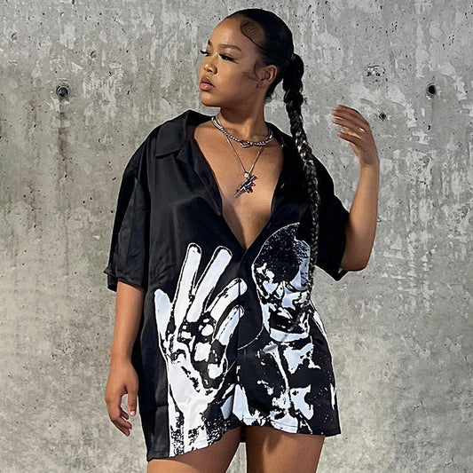 Women Fashion Casual Graphic Print Short-Sleeved Cardigan Top Blouse