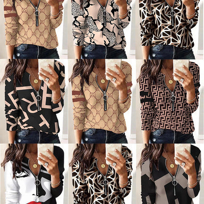 Women Casual Fashion Letter Print Zipper Long Sleeves Blouse