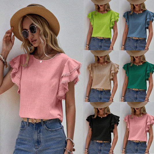 Women Casual Solid Color Round Neck Ruffle Blouses