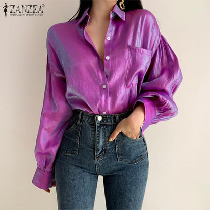 Women Fashion Solid Color Elegant Lapel Casual Long Puff Sleeve Blouse