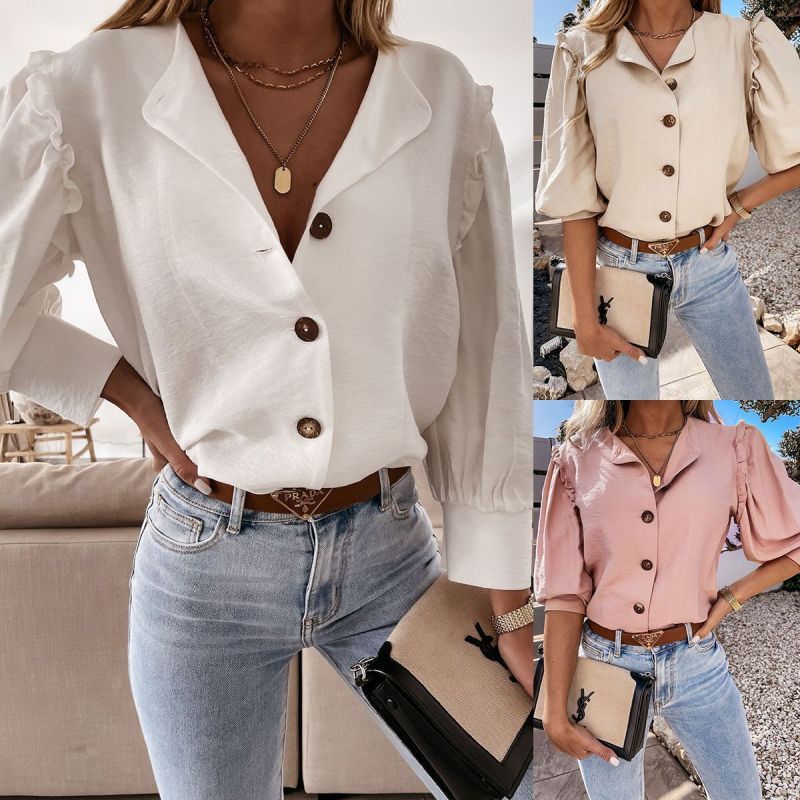 Women Elegant Basic Casual Solid Color Short Sleeves Ruffled Blouse