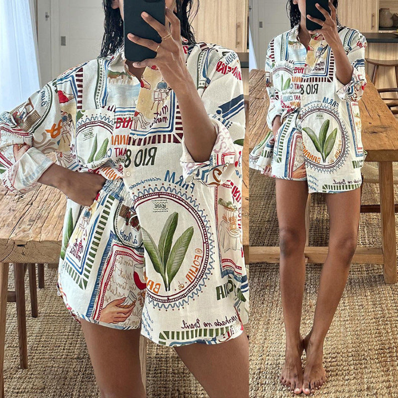 Fashion Vacation Women Long-Sleeved Casual Loose Blouse Drawstring Pocket Shorts Two-Piece Set