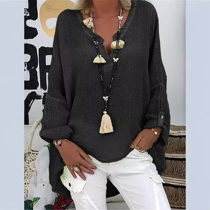 Plus Size Solid Long Sleeve Women Loose Casual V Neck Blouse